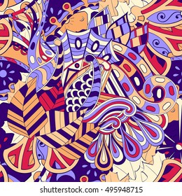 Tracery seamless calming pattern. Mehndi design. Ethnic colorful doodle texture. Curved doodling background. Vector.