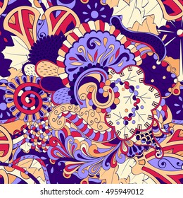 Tracery seamless calming pattern. Mehndi design. Ethnic colorful doodle texture. Curved doodling background. Vector.
