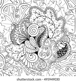 Tracery seamless calming pattern. Mehndi design. Ethnic monochrome binary doodle texture. Curved doodling black and white background. Vector.