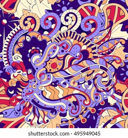 Tracery seamless calming pattern. Mehndi design. Ethnic colorful doodle texture. Curved doodling background. Vector.