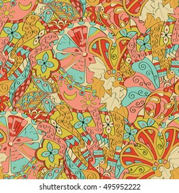 Tracery seamless calming pattern. Mehndi design. Ethnic colorful doodle texture. Curved doodling background. Vector.