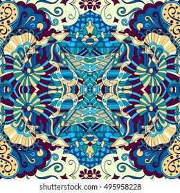Tracery seamless calming pattern. Mehndi design. Ethnic colorful doodle texture. Curved doodling background. Vector.
