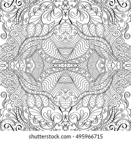 Tracery seamless calming pattern. Mehndi design. Ethnic monochrome binary doodle texture. Curved doodling black and white background. Vector.