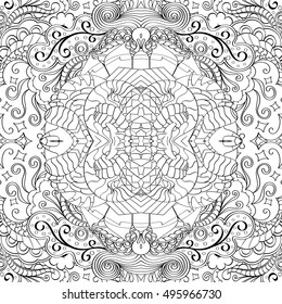Tracery seamless calming pattern. Mehndi design. Ethnic monochrome binary doodle texture. Curved doodling black and white background. Vector.