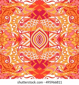 Tracery seamless calming pattern. Mehndi design. Ethnic colorful doodle texture. Curved doodling background. Vector.