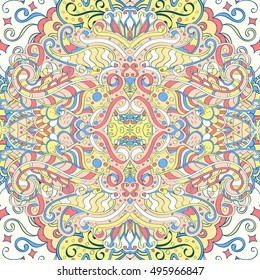 Tracery seamless calming pattern. Mehndi design. Ethnic colorful doodle texture. Curved doodling background. Vector.