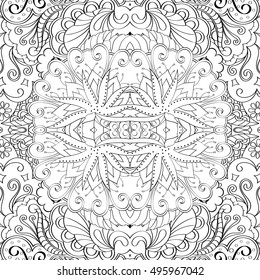 Tracery seamless calming pattern. Mehndi design. Ethnic monochrome binary doodle texture. Curved doodling black and white background. Vector.