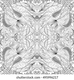 Tracery seamless calming pattern. Mehndi design. Ethnic monochrome binary doodle texture. Curved doodling black and white background. Vector.