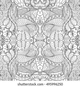 Tracery seamless calming pattern. Mehndi design. Ethnic monochrome binary doodle texture. Curved doodling black and white background. Vector.