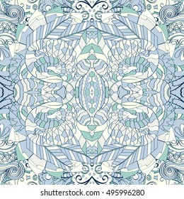 Tracery seamless calming pattern. Mehndi design. Ethnic colorful doodle texture. Curved doodling background. Vector.