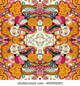 Tracery seamless calming pattern. Mehndi design. Ethnic colorful doodle texture. Curved doodling background. Vector.