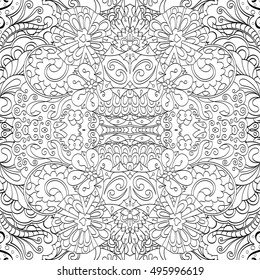 Tracery seamless calming pattern. Mehndi design. Ethnic monochrome binary doodle texture. Curved doodling black and white background. Vector.