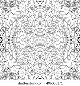 Tracery seamless calming pattern. Mehndi design. Ethnic monochrome binary doodle texture. Curved doodling black and white background. Vector.