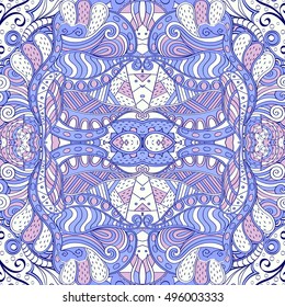 Tracery seamless calming pattern. Mehndi design. Ethnic colorful doodle texture. Curved doodling background. Vector.