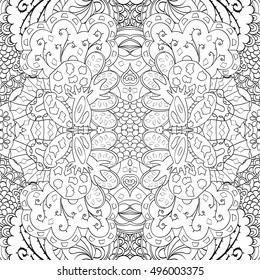 Tracery seamless calming pattern. Mehndi design. Ethnic monochrome binary doodle texture. Curved doodling black and white background. Vector.