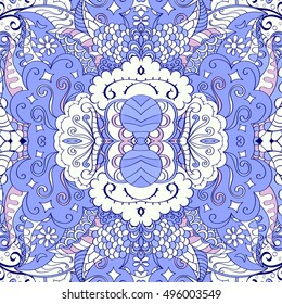 Tracery seamless calming pattern. Mehndi design. Ethnic colorful doodle texture. Curved doodling background. Vector.