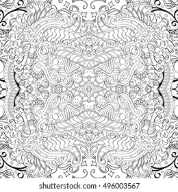 Tracery seamless calming pattern. Mehndi design. Ethnic monochrome binary doodle texture. Curved doodling black and white background. Vector.