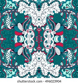 Tracery seamless calming pattern. Mehndi design. Ethnic colorful doodle texture. Curved doodling background. Vector.