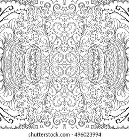 Tracery seamless calming pattern. Mehndi design. Ethnic monochrome binary doodle texture. Curved doodling black and white background. Vector.