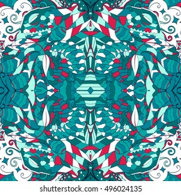 Tracery seamless calming pattern. Mehndi design. Ethnic colorful doodle texture. Curved doodling background. Vector.