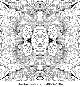 Tracery seamless calming pattern. Mehndi design. Ethnic monochrome binary doodle texture. Curved doodling black and white background. Vector.