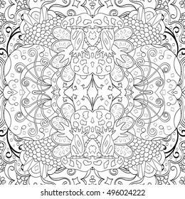 Tracery seamless calming pattern. Mehndi design. Ethnic monochrome binary doodle texture. Curved doodling black and white background. Vector.