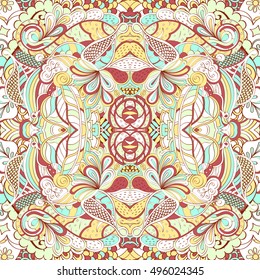 Tracery seamless calming pattern. Mehndi design. Ethnic colorful doodle texture. Curved doodling background. Vector.