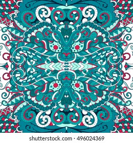 Tracery seamless calming pattern. Mehndi design. Ethnic colorful doodle texture. Curved doodling background. Vector.