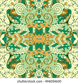 Tracery seamless calming pattern. Mehndi design. Ethnic colorful doodle texture. Curved doodling background. Vector.