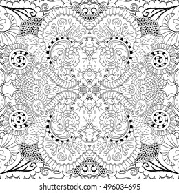 Tracery seamless calming pattern. Mehndi design. Ethnic monochrome binary doodle texture. Curved doodling black and white background. Vector.