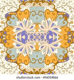 Tracery seamless calming pattern. Mehndi design. Ethnic colorful doodle texture. Curved doodling background. Vector.