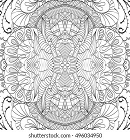 Tracery seamless calming pattern. Mehndi design. Ethnic monochrome binary doodle texture. Curved doodling black and white background. Vector.