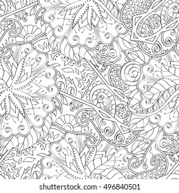 Tracery seamless calming pattern. Mehndi design. Ethnic monochrome binary doodle texture. Curved doodling black and white background. Vector.