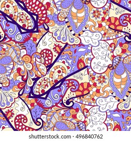 Tracery seamless calming pattern. Mehndi design. Ethnic colorful doodle texture. Curved doodling background. Vector.