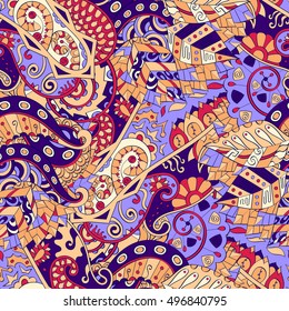 Tracery seamless calming pattern. Mehndi design. Ethnic colorful doodle texture. Curved doodling background. Vector.