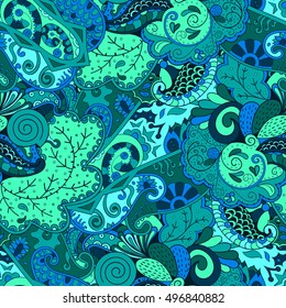 Tracery seamless calming pattern. Mehndi design. Ethnic colorful doodle texture. Curved doodling background. Vector.