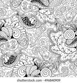 Tracery seamless calming pattern. Mehndi design. Ethnic monochrome binary doodle texture. Curved doodling black and white background. Vector.