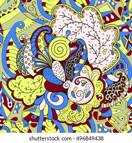 Tracery seamless calming pattern. Mehndi design. Ethnic colorful doodle texture. Curved doodling background. Vector.
