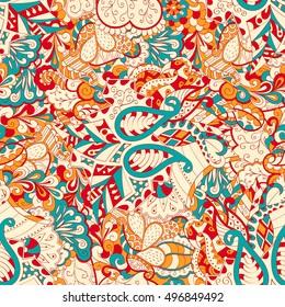 Tracery seamless calming pattern. Mehndi design. Ethnic colorful doodle texture. Curved doodling background. Vector.