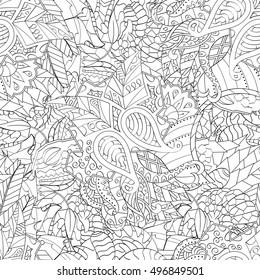 Tracery seamless calming pattern. Mehndi design. Ethnic monochrome binary doodle texture. Curved doodling black and white background. Vector.