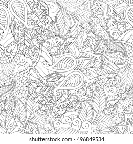 Tracery seamless calming pattern. Mehndi design. Ethnic monochrome binary doodle texture. Curved doodling black and white background. Vector.