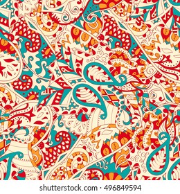 Tracery seamless calming pattern. Mehndi design. Ethnic colorful doodle texture. Curved doodling background. Vector.