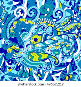 Tracery seamless calming pattern. Mehndi design. Ethnic colorful doodle texture. Curved doodling background. Vector.