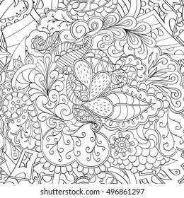 Tracery seamless calming pattern. Mehndi design. Ethnic monochrome binary doodle texture. Curved doodling black and white background. Vector.