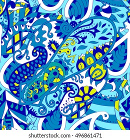 Tracery seamless calming pattern. Mehndi design. Ethnic colorful doodle texture. Curved doodling background. Vector.
