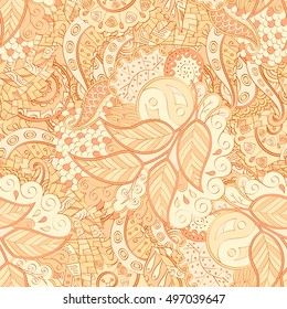 Tracery seamless calming pattern. Mehndi design. Ethnic colorful doodle texture. Curved doodling background. Vector.