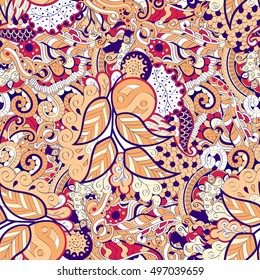 Tracery seamless calming pattern. Mehndi design. Ethnic colorful doodle texture. Curved doodling background. Vector.