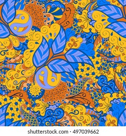 Tracery seamless calming pattern. Mehndi design. Ethnic colorful doodle texture. Curved doodling background. Vector.
