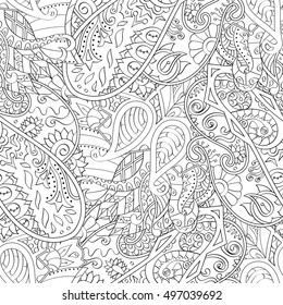 Tracery seamless calming pattern. Mehndi design. Ethnic monochrome binary doodle texture. Curved doodling black and white background. Vector.