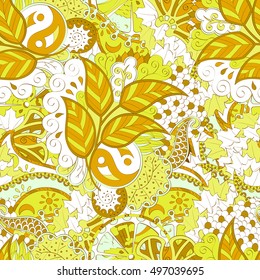 Tracery seamless calming pattern. Mehndi design. Ethnic colorful doodle texture. Curved doodling background. Vector.